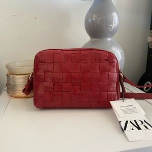 NWT ZARA Genuine Leather Red Woven Intrecciato Quilted Crossbody Handbag